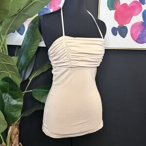 Y2K Beige Halter Neck Top with Ruched Detail #Halterneck #Y2k #2000s Vintage